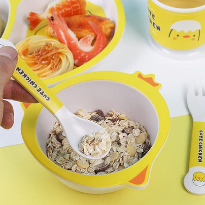 Bamboo Kids Dinnerware Set 5 Pcs Includes Plate Bowl Cup Fork Spoon Perfect for Kids BPA-Free (Chicken)