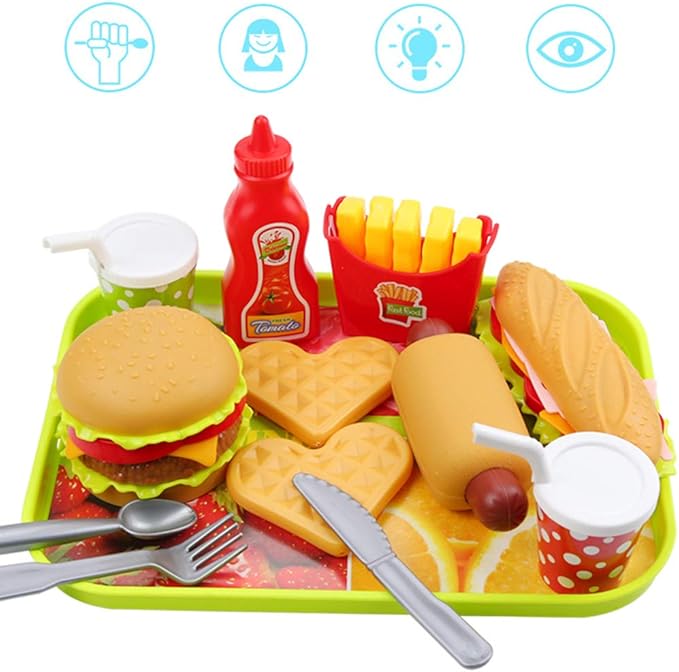Pretend Play Fast Food Set, Play Food for Kids Kitchen - Play Kitchen Accessories - Toy Foods with Play Burger and Hot Dog Plastic Food for Pretend Play, Kids Toddler Childrens Birthday Gifts