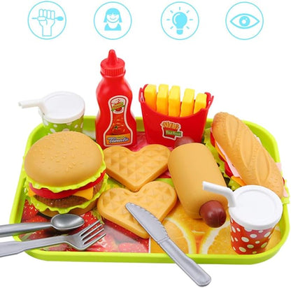 Pretend Play Fast Food Set, Play Food for Kids Kitchen - Play Kitchen Accessories - Toy Foods with Play Burger and Hot Dog Plastic Food for Pretend Play, Kids Toddler Childrens Birthday Gifts