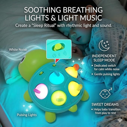 3-in-1 Musical Crawling Turtle Baby Toy - Tummy Time Toy with Smart Obstacle Avoidance, Push-and-Pop Sensory Shell & Sleep Soothing, Baby Infant Toys for 0-12 Months
