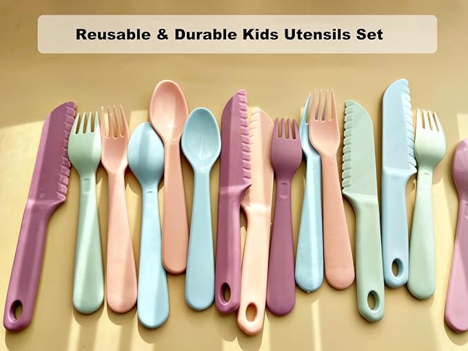 16Pcs Kids Plastic Forks, Macaron-Colored Kids Eating Utensils, Reusable Toddler Silverware Set, BPA Free, Ideal for School Lunch, Camping, Travel, Party Favors, Dishwasher Safe