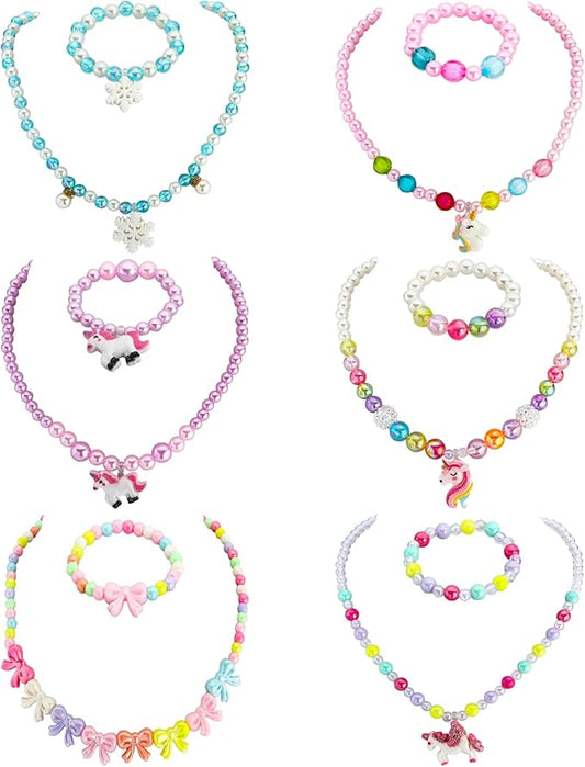 SOTOGO 6 Sets Girl Princess Necklace Bracelet with Colorful Pendants Kids Beaded Necklace Bracelet Stretchy Chunky Costume Jewelry Present Toy