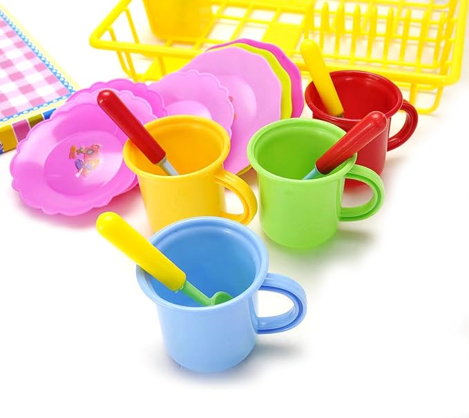 PowerTRC Kids Pretend Play Dishes Playset, Durable Kitchen Toys and Tea Set for Children, Wash and Dry Tea Playset with Dish Rack and Accessories (27 Pieces)