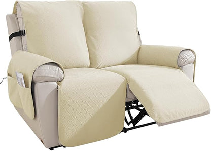 Easehomey 100% Waterproof Loveseat Recliner Cover Non-Slip Sofa Cover with Elastic Band Two Pockets, Washable Recliner Couch Cover 2 Seat Furniture Protector for Kids,Pets (Beige, Recliner Loveseat)
