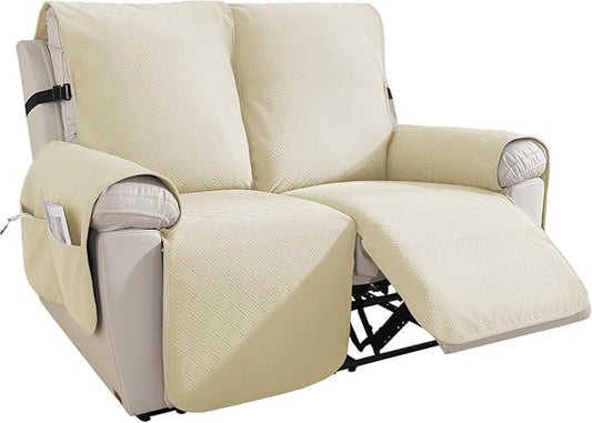 Easehomey 100% Waterproof Loveseat Recliner Cover Non-Slip Sofa Cover with Elastic Band Two Pockets, Washable Recliner Couch Cover 2 Seat Furniture Protector for Kids,Pets (Beige, Recliner Loveseat)