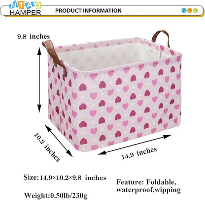 NTAOHAMPER Rectangular Pink Heart Gift Basket Empty,Fabric Storage Basket with Handles,Kids Toys/Books Box,Lovely Storage Bin,Room Decor(Pink Love)