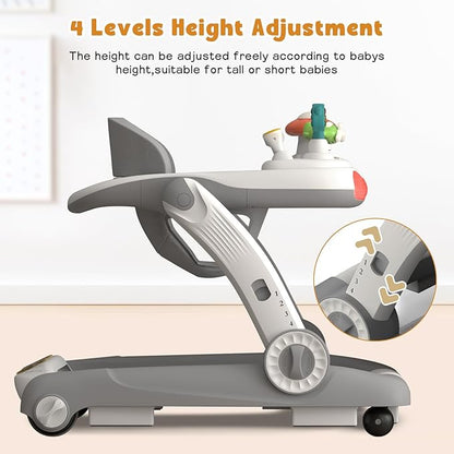 5-in-1 Baby Walker with Wheels, Baby Walkers for Boys Girls 6-18 Months, Foldable Adjustable Walker with Bouncer, Feeding Tray, Music & Detachable Footrest(Grey)