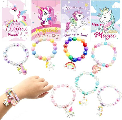 UMEELR Valentines Unicorn Bracelets with Cards ,28 Pack Princess Valentine Beaded Bracelet for Girls Kids Valentines Day Gifts Exchange Classroom Prizes Parties Goodie Bag Gifts