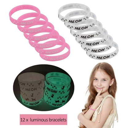 foci cozi 84 Pack Meow Cat Party Favors Supplies-Cat Necklaces,Bracelets, Keychains, Hair Clips, Tattoos,Brooch, Gift Bags Kids Girls Goodie Bags Birthday Party Supplies