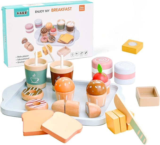 Breakfast Toy Set,Wooden Food Toys Play Food Sets for Kids Kitchen, Wooden Play Food,Pretend Food Toy Food Set,Breakfast Toy Set,Non-Toxic Breakfast Wooden Play Set Birthday