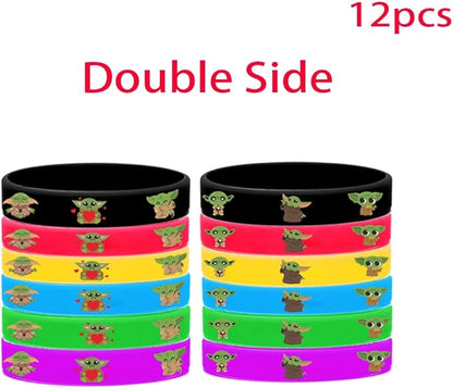 Baby Yoda Birthday Party Supplies, 109 Pack Party Favors - 12 Pack Bracelets, 12 Pack Keychains, 12 Pack Button Pins, 1 Pack Tattoo Sticker Set of 72 Stickers for Birthday Party Decorations