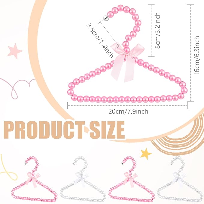 Wesiti 10 Pcs Small Pearl Hanger Mini Pearl Metal Elegant Clothes Hangers with Ribbon for Women Dog Cat (Pink,White)