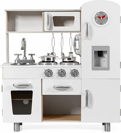 KOTEK Play Kitchen Set for Kids, Wooden Toddler Kitchen Playset with Water Dispenser w/Lights Sounds, Stove, Oven, Fridge, Microwave & Sink, Chef Pretend Play Toy Gift for Girls Boys Age 3+ (White)