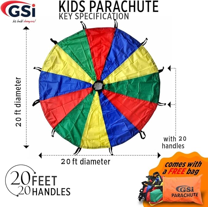 GSi Kids Play Parachute Rainbow Parachute Toy Tent Game for Children Gymnastics Cooperative Play and Outdoor Playground Activities (20 Feet)