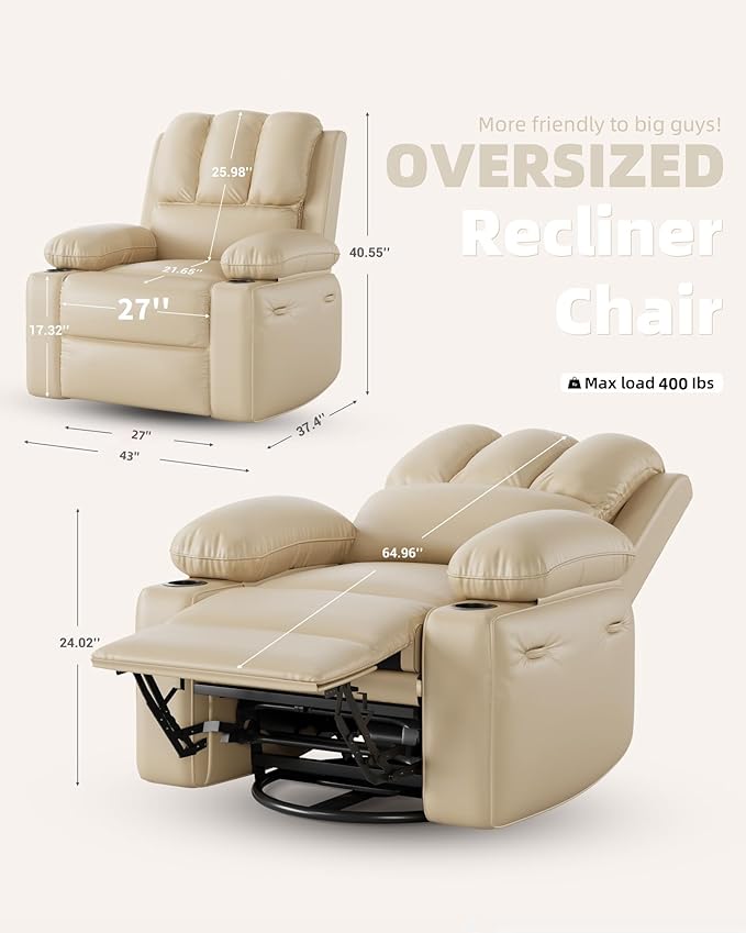 27'' Leather Recliner Chair Oversized, Overstuffed Manual Recliner Chair, Single Sofa for Adults, with Cup Holder and Side Pockets, for Living Rooms, Max Weight 400 lbs, Creamy