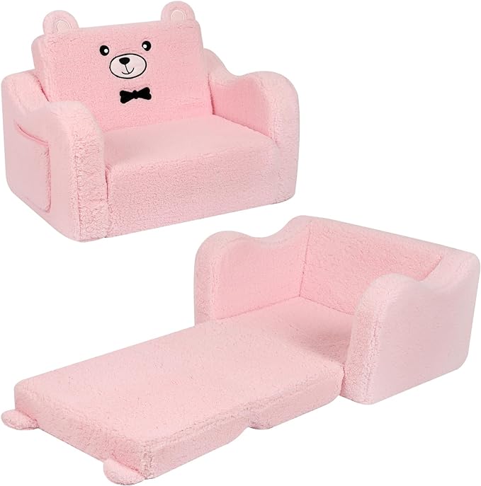 Kids Chairs for Toddler, 2-in-1 Toddler Soft Sherpa Couch Fold Out, Convertible Sofa to Lounger for Girls and Boys, Teddy Bear, Pink
