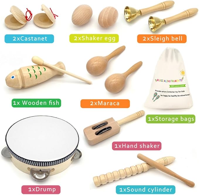Toddler Musical Instruments - Natural Wooden Musical Toys Montessori Toys Percussion Instruments Set Preschool Educational Xylophone Kids Drum Set with Storage Bag for Boys and Girls
