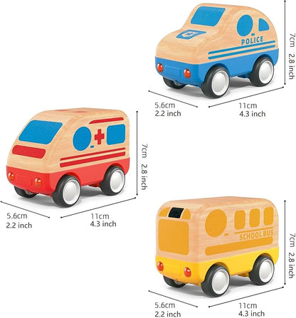 3pcs Wooden Toys Cars, Ambulance, Police Car and School Bus Educational Toy, Early Learning for Toddlers, Colorful Vehicles Play Set for 2 3 Year Old Boys Girls Christmas Birthday Gift