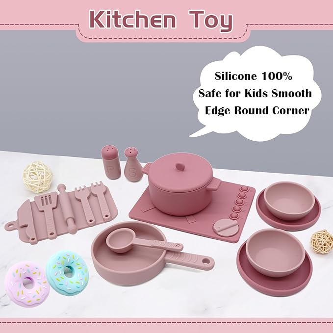 Play Kitchen Accessories, Silicone Pretend Play Kitchen Toys Set, Play Kitchen Pots and Pans Set for Kids, Learning Education Cooking Toys for Girls(Pink)