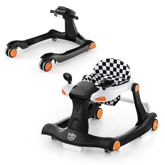 BABY JOY 2 in 1 Baby Walker, Foldable Activity Walker with Adjustable Height & Speed, Music, Lights, Mirrors, Padded Seat Cushion, Activity Baby Push Walker for Toddler Boys Girls, Ages 6-18 Months