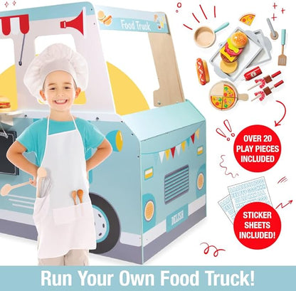 Food Truck Wooden Playset- 20 Fun Toy Pieces Including Cook Top, Steering Wheel, Sticker Sheet for Kids Name - Includes Food Tray, Pizza Slices & More, Dual Sided Play Stand for Indoor Fun Activity
