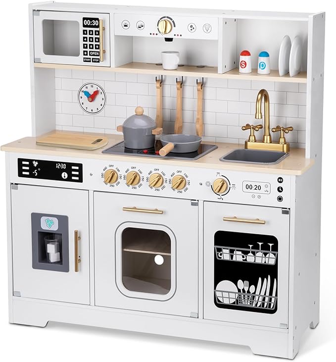 Kids Play Kitchen Set, Kitchen Set for Kids with Plenty of Play Features, Sink, Oven, Stove, Dishwasher, Coffee Maker, Ice Maker and Microwave, Play Kitchen Sets for Kids Ages 4-8.