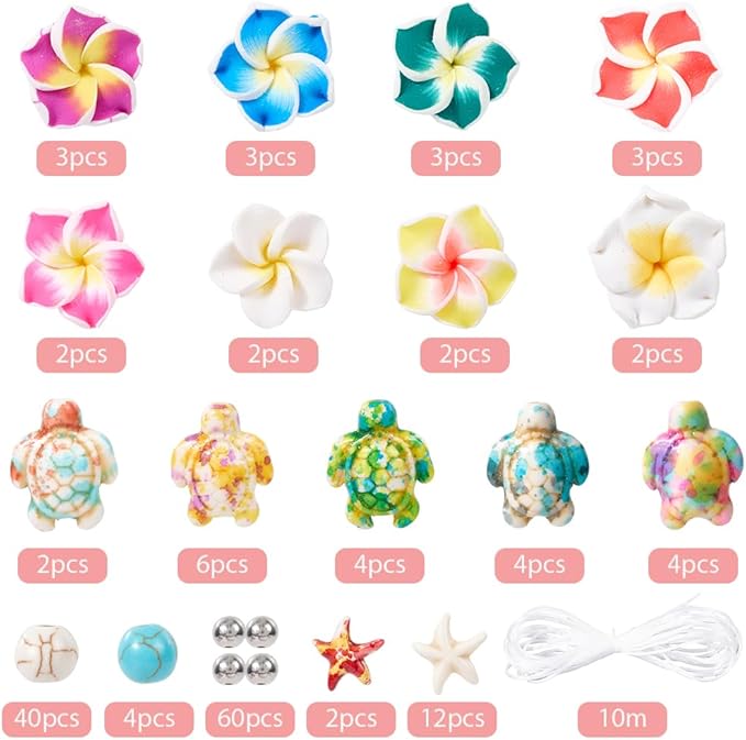 SUNNYCLUE 1 Box 159Pcs DIY 6 Sets Bracelet Making Kits Plumeria Flower Beads Polymer Clay Hawaiian Flowers Starfish Sea Turtle Beach Ocean Summer Beads for Jewelry Making Kits Adult Women Gifts