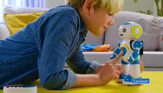 Lexibook - Powerman Jr. Smart Interactive Toy That Reads in The Mind Toy for Kids Dancing Plays Music Animal Quiz STEM Programmable Remote Control Boy Robot Junior Green/Blue - ROB20EN