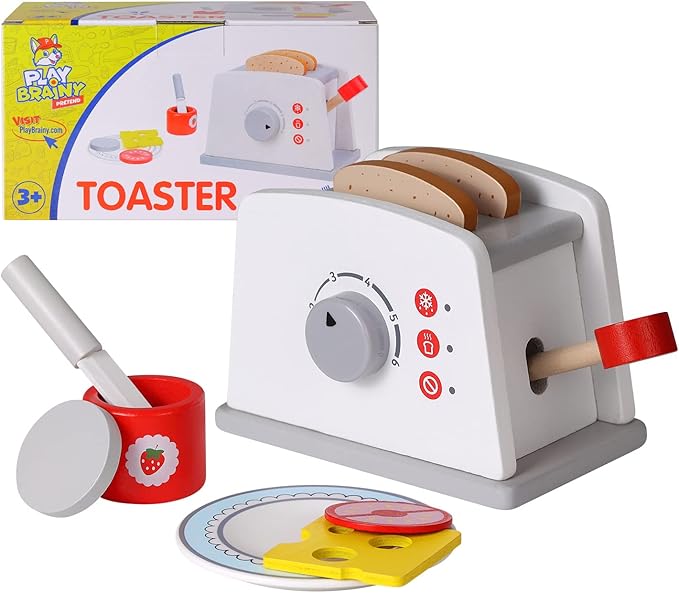 Play Brainy Pop Up Kid’s Toaster Toy with Kitchen Accessories, 8 Pc. Set, Interactive Early Learning Wood Playset with Wooden Bread, Plate, and Utensil, Girls and Boys 3+