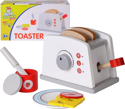 Play Brainy Pop Up Kid’s Toaster Toy with Kitchen Accessories, 8 Pc. Set, Interactive Early Learning Wood Playset with Wooden Bread, Plate, and Utensil, Girls and Boys 3+