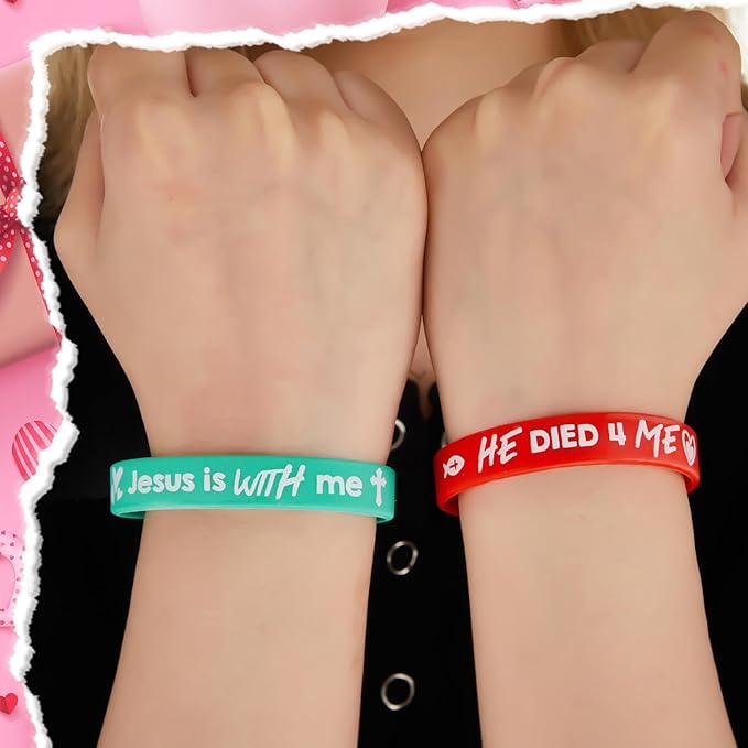 Gueevin 60 Pcs Bible Verse Bracelets for Kids Christian Scripture Bracelets Jesus Wristband Religious Motivational Valentine Kids School Gifts Classroom Prizes (Valentine,Pink Color)