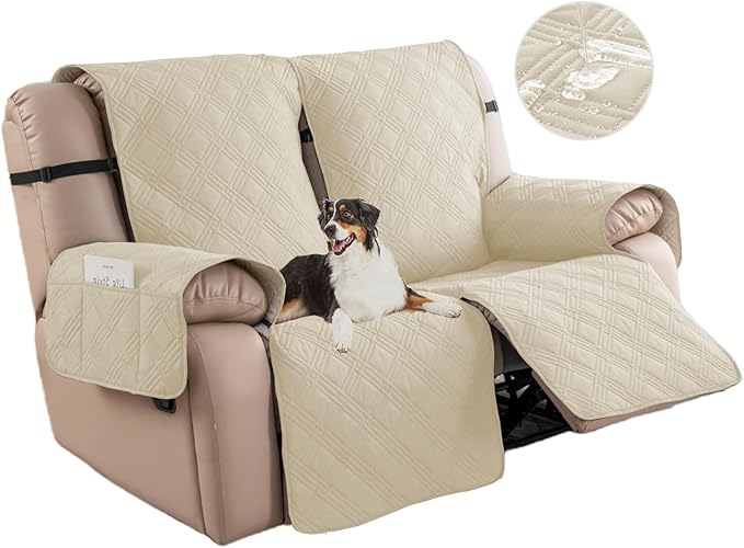 Easehomey Waterproof Loveseat Recliner Cover,Non Slip Reclining Couch Covers for 2 Seat,Dog Chair Cover Furniture Protector Washable Chair Cover with Pocket for Kids,Pets,Dogs(Beige,2Seat)