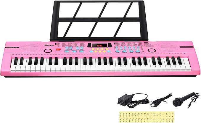 Kids Keyboard 61 Keys, Beginner Electronic Piano with One-Key Teaching 100 Tones & Rhythms, Portable Music Keyboard for Children with Microphone, Music Stand [Pink, Piano Only]