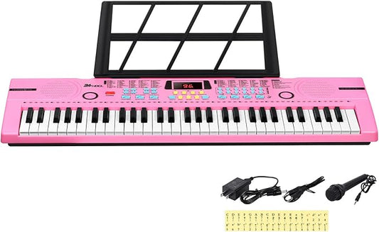Kids Keyboard 61 Keys, Beginner Electronic Piano with One-Key Teaching 100 Tones & Rhythms, Portable Music Keyboard for Children with Microphone, Music Stand [Pink, Piano Only]