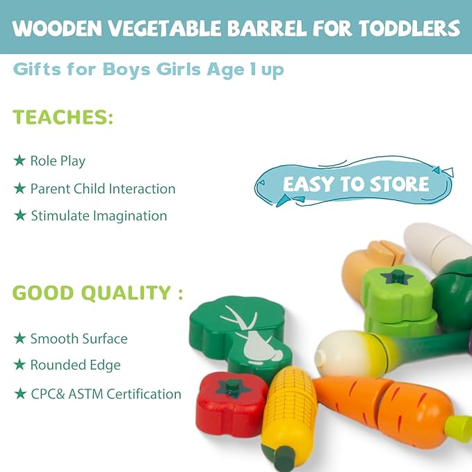 Wooden Play Food for Kids Kitchen, 38PCS Cutting Fruits Toys for Toddlers Pretend Vegetables Gift for Boys Girls Educational Toys (Vegetable Bucket)