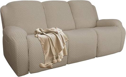 Stretch Jacquard Recliner Sofa Covers 3 Seat Soft Recliner Chair Covers Sofa Slipcover with Pocket and Elastic Bottom Furniture Protector for Kid,Pets（Checks,Khaki）