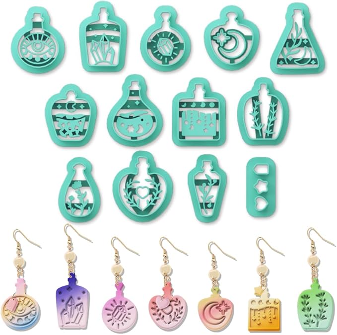 ORIGACH 13 Pcs Magic Potion Bottle Clay Cutters, Bottle Shape Plant Crystal Moon Themed Polymer Clay Cutters for Earring Jewelry Making
