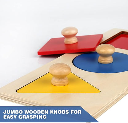 Montessori Multiple Shape Puzzle First Shapes Jumbo Knob Wooden Puzzle Geometric Shape Puzzle Toddler Preschool Learning Material Sensorial Toy for Toddler Shape & Color Sorter (3 Pieces)