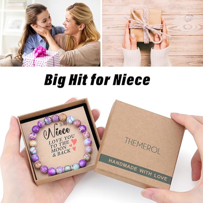 THEMEROL Handmade Gifts for Girls/Women-Love/Protection-Natural Crystal Bracelet for Daughter Granddaughter Niece Sister Mom Aunt Wife