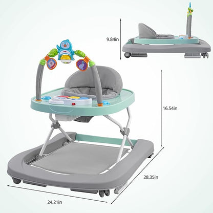 Baby Walker, Music & Removable Footrest with Toys, 3-Height Adjustable, Foldable 4-in-1 Activity Center for Infant and Toddler, Baby Walker for Baby Boy Girls 7–18 Months