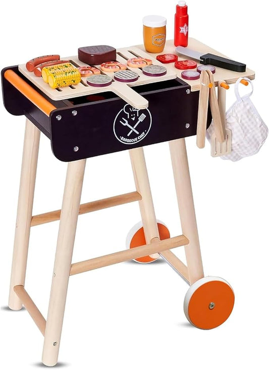 MerryPony Wooden Play Barbecue Toy Grill, Kids BBQ Grill Playset with Play Food and Grilling Tools, Kids Cooking Sets, Outdoor Play Kitchen Set Kids, Pretend Play Kitchen Accessories Toddlers Age 3+