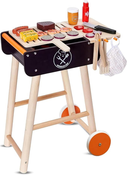 MerryPony Wooden Play Barbecue Toy Grill, Kids BBQ Grill Playset with Play Food and Grilling Tools, Kids Cooking Sets, Outdoor Play Kitchen Set Kids, Pretend Play Kitchen Accessories Toddlers Age 3+