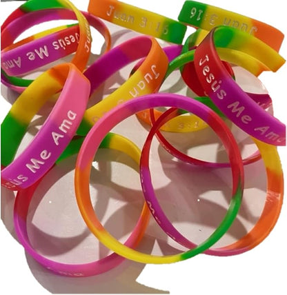 Spanish Jesus Loves, Me Jesus Me Ama, Juan 3:16, Religious Inspirational Christian Rubber Silicone Bracelets Small Spanish Party Favors Spanish Wristband Bulk (50 Count)