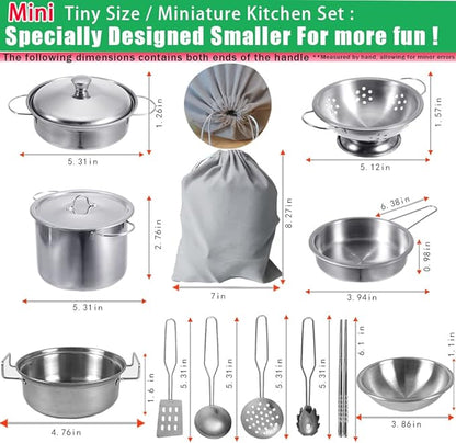 Mini Kids Stainless Steel Cookware Kitchen Cooking Toys Pretend Utensils with Cookware Play Pots and Pans Playset ,Cooking Utensils Pot Rack Organizer Storage Bag for Toddlers (Tiny Size)