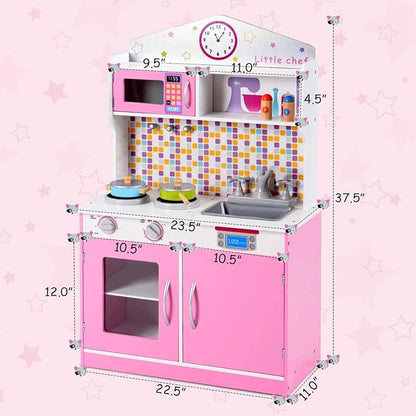 FFlyer Kids Kitchen Playset, Wooden Pretend Cooking Playset w/Cookware Accessories, Removable Sink, Microwave, Display Shelf, Toddler Pretend Play Kitchen Toy, Best Gift for Girl, Pink