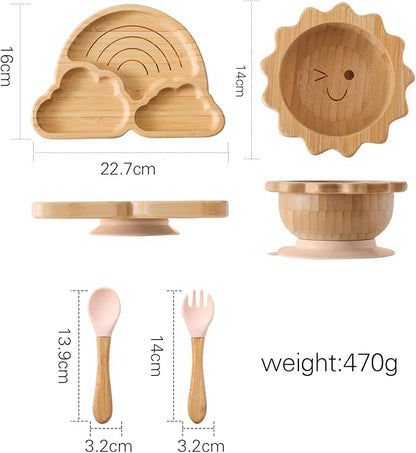 Bamboo Suction Plates Bowls Set for Baby Toddler Divided Platter Food bowl with Silicone Fork & Spoon All-Natural Baby Feeding Set for Baby-Led Weaning, Non-Slip Design