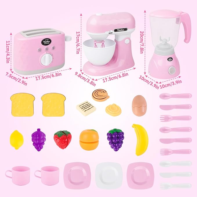 deAO Kids Kitchen Playset,28 PCS Kitchen Appliances Toys with Blender,Mixer and Toaster with Realistic Light and Sounds,Pretend Play Toy for Kids Ages 3 4 5