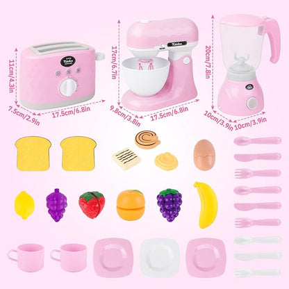 deAO Kids Kitchen Playset,28 PCS Kitchen Appliances Toys with Blender,Mixer and Toaster with Realistic Light and Sounds,Pretend Play Toy for Kids Ages 3 4 5