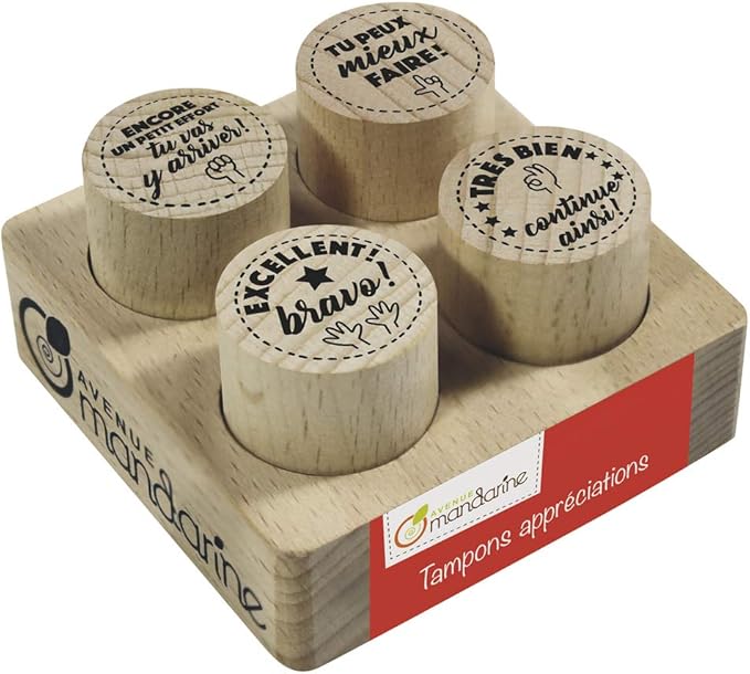 Avenue Mandarine - Ref CO157C - Appreciation Stamps (Set of 4) - Solid Quality Wooden Stamps with Positive Messages for Parents and Teachers to Add to Children's Work - Pack 1