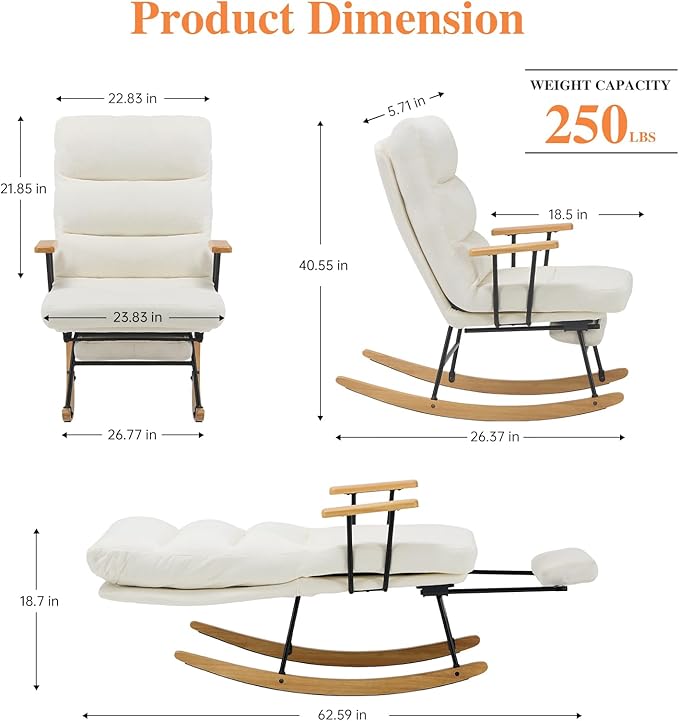 Rocking Chair with Footrest-Glider Rocker Chair with Retractable Footrest and Adjustable Backrest, Teddy Upholstered Rocking Chair, Modern Accent Chair for Living Room/Nursery/Bedroom/Outdoor-Beige